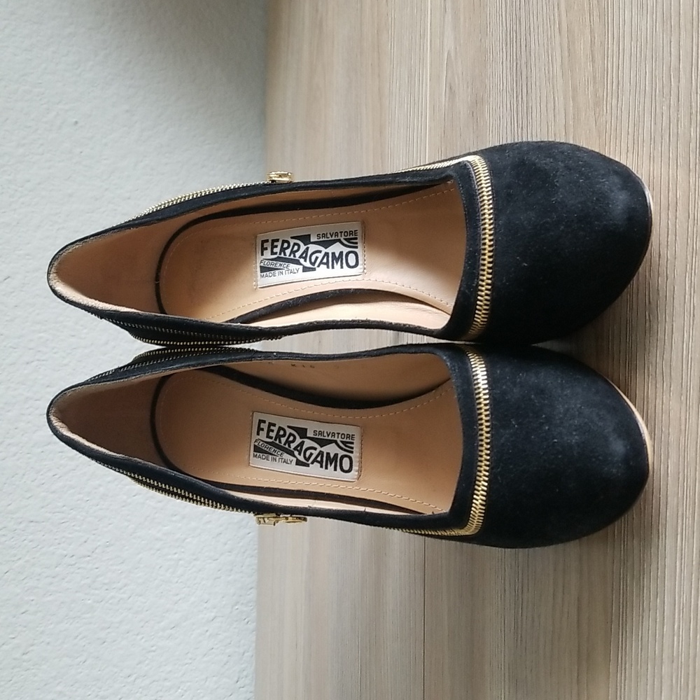 Salvatore Ferragamo Rory Black Suede Zip Platform Heels Sz 9.5